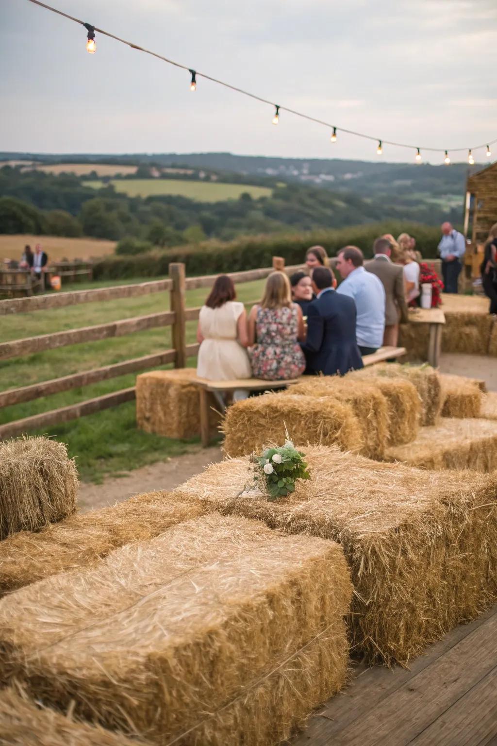 Straw bundles offer rustic seating that complements the cowgirl theme.