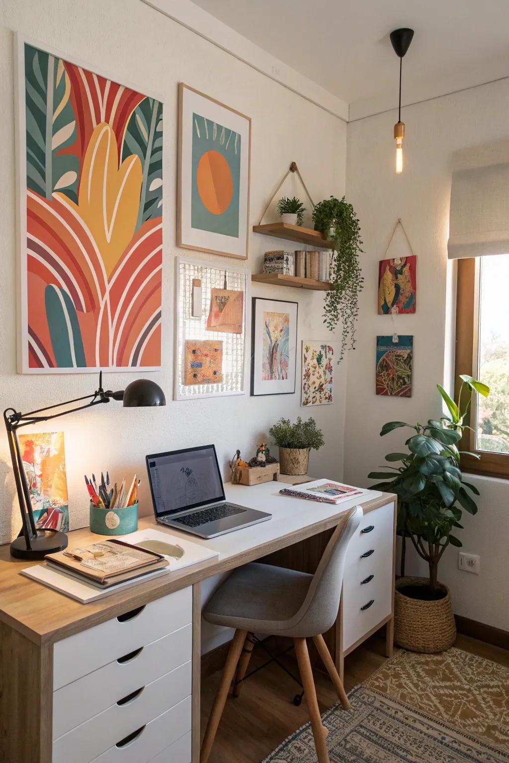 Wall artistry injects inventiveness into your workspace.