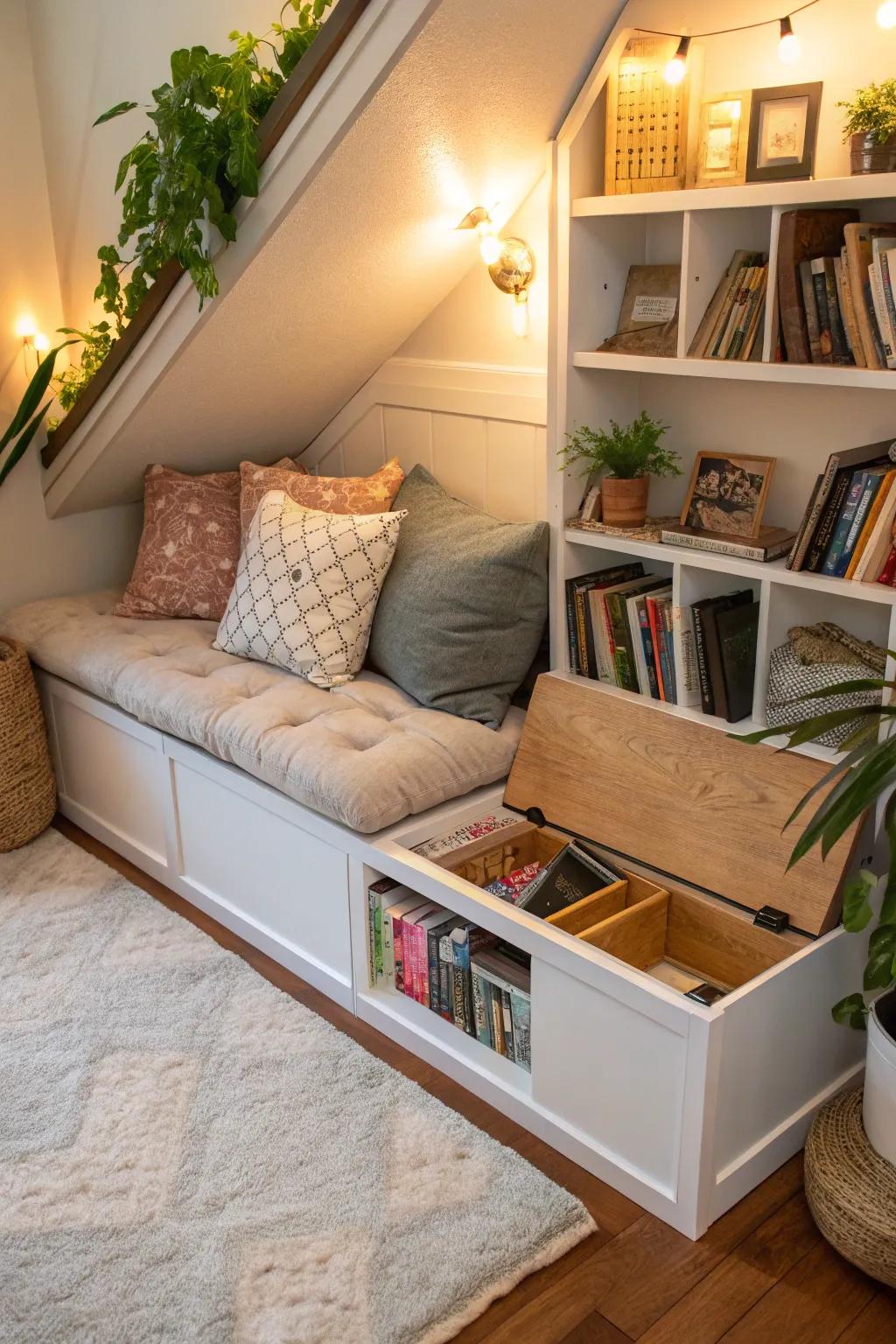 Seating with hidden storage ensures the reading nook remains tidy and organized.