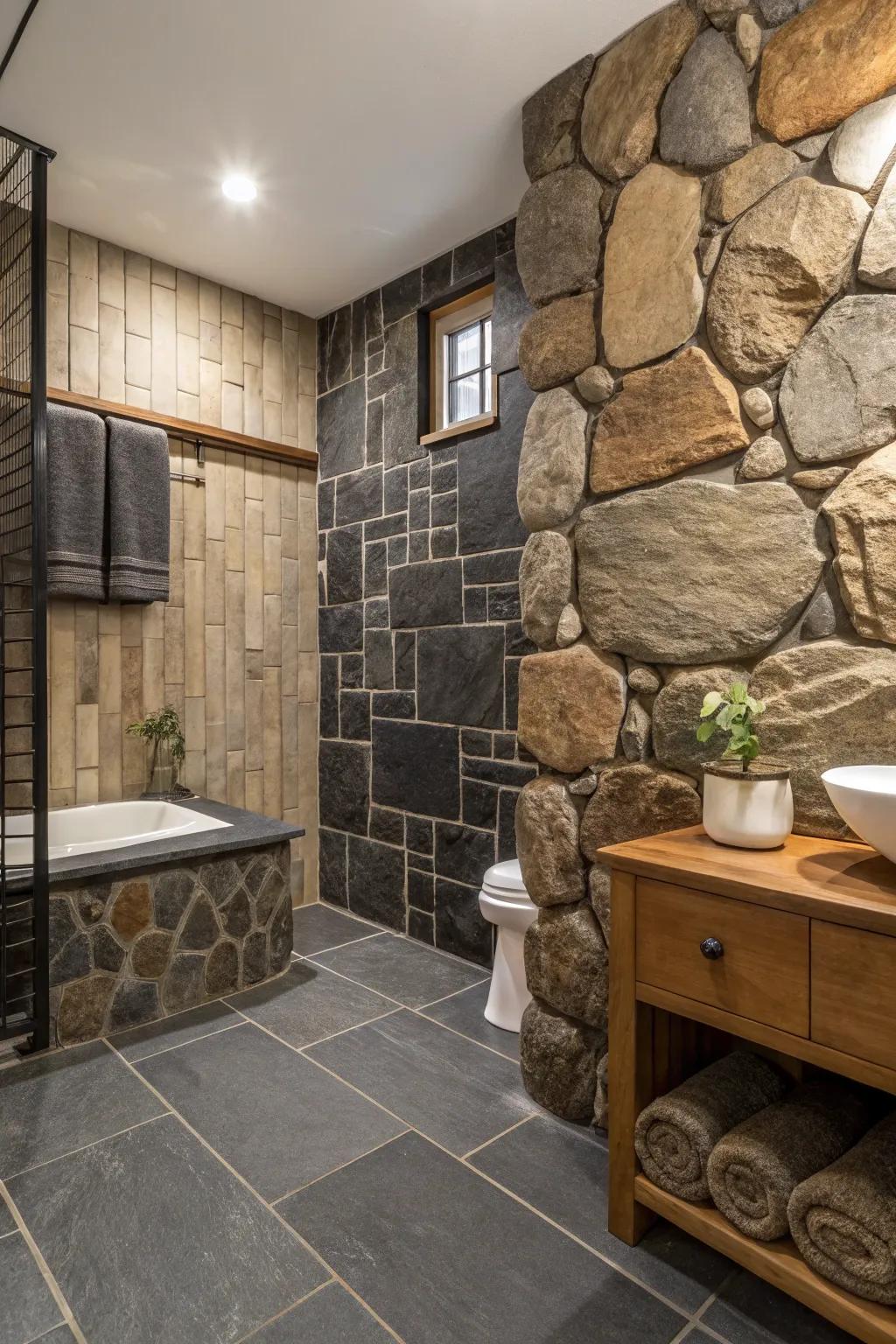 A bathroom displaying an eclectic mix of textures for enhanced depth.