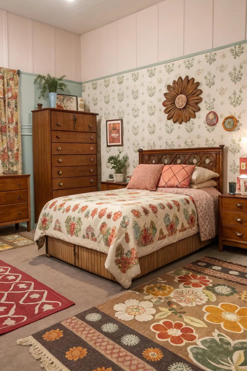 A retro-inspired bedroom decorated with vintage features and daring patterns.