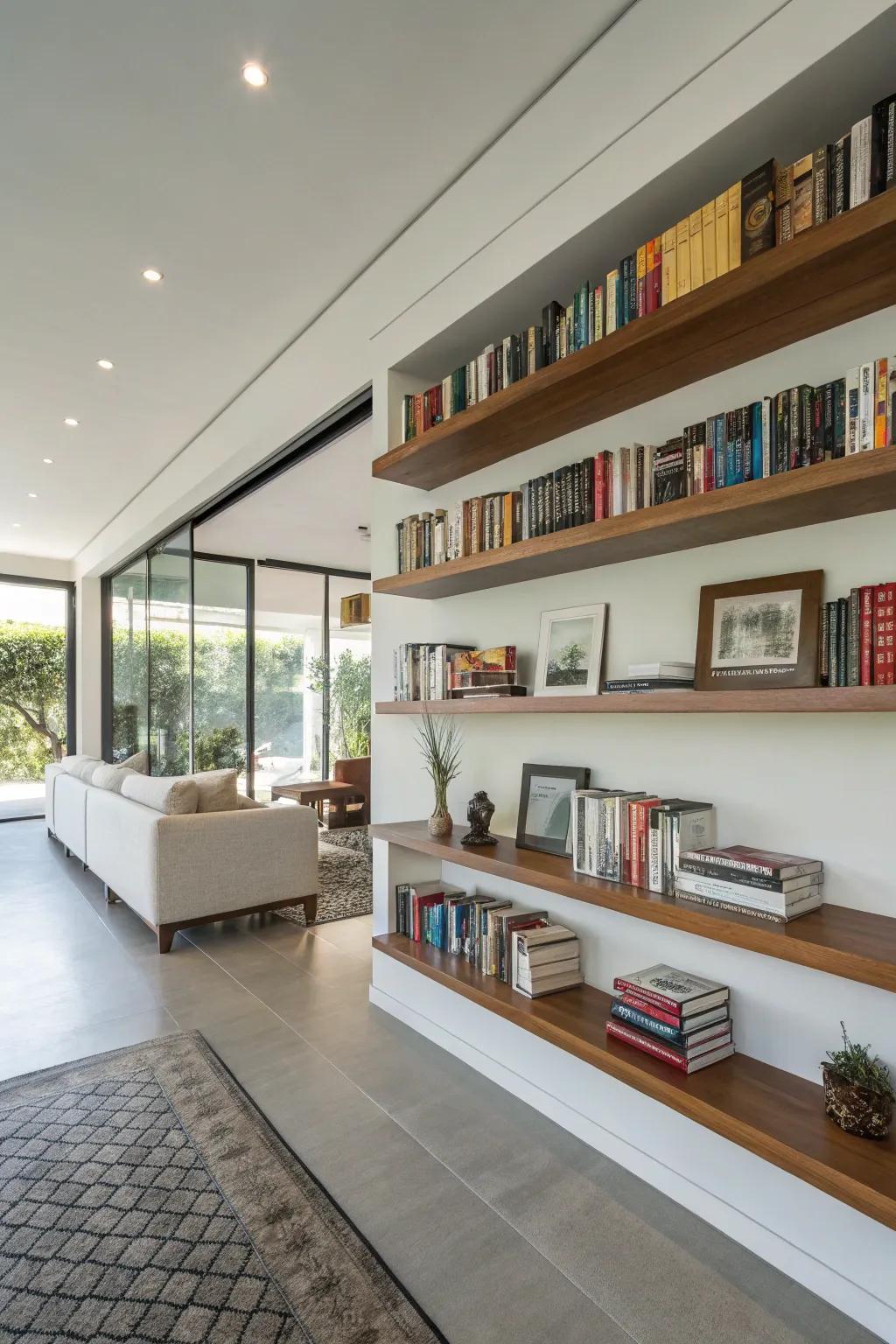 Levitating bookshelves provide a modern and fascinating appearance.