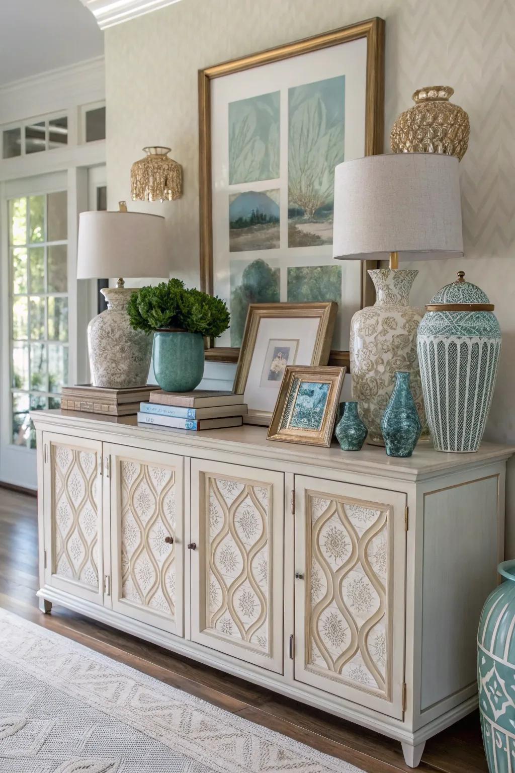 A display cabinet styled with a cohesive color palette.