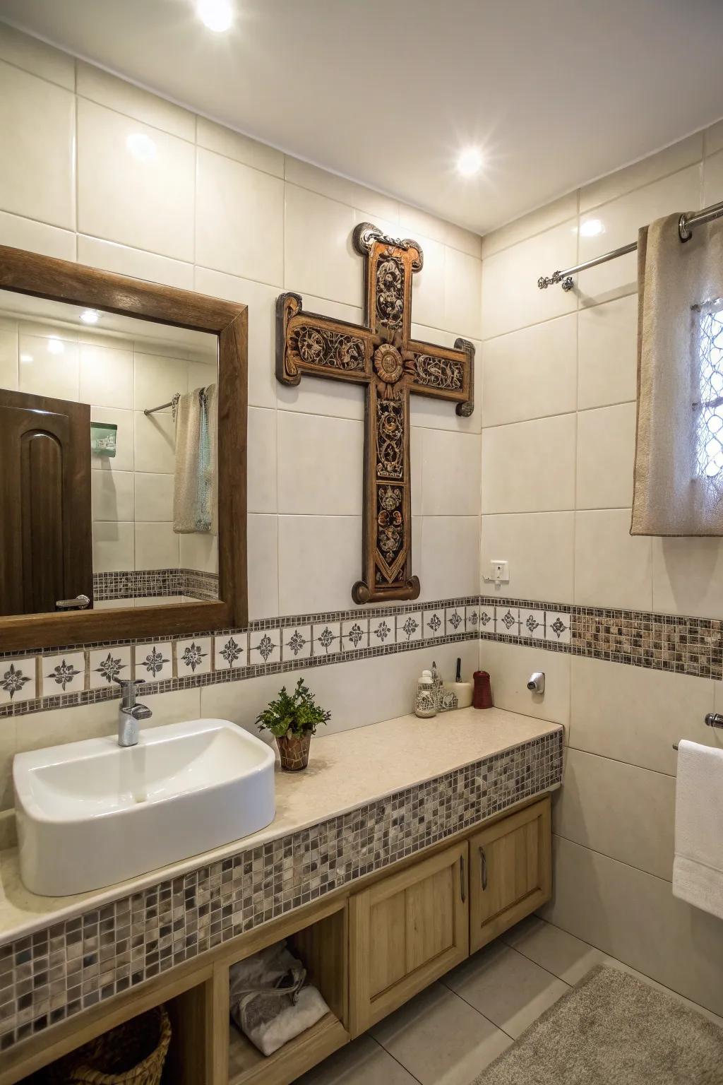 Unforeseen crucifix wall art inside a restroom.