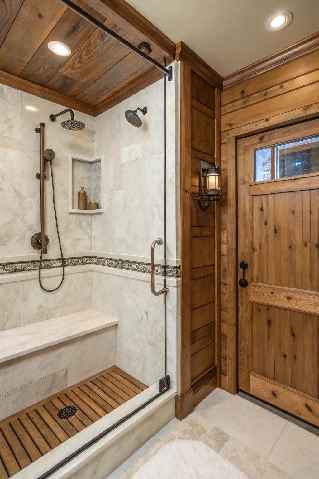 Complementary materials enhance the charm of refined marble alternative showers.