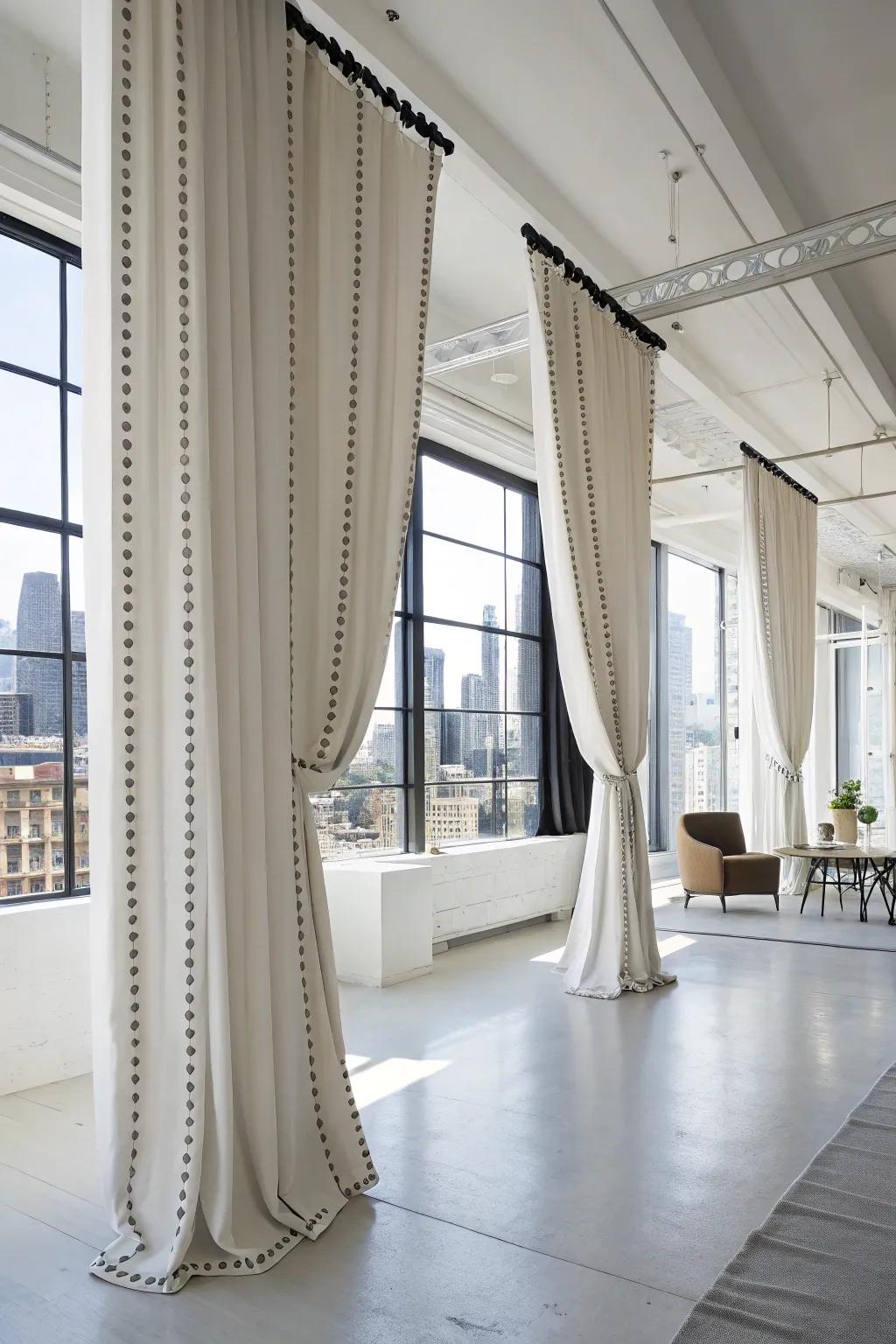 Modern drapes enhanced with chic tack trimmings.