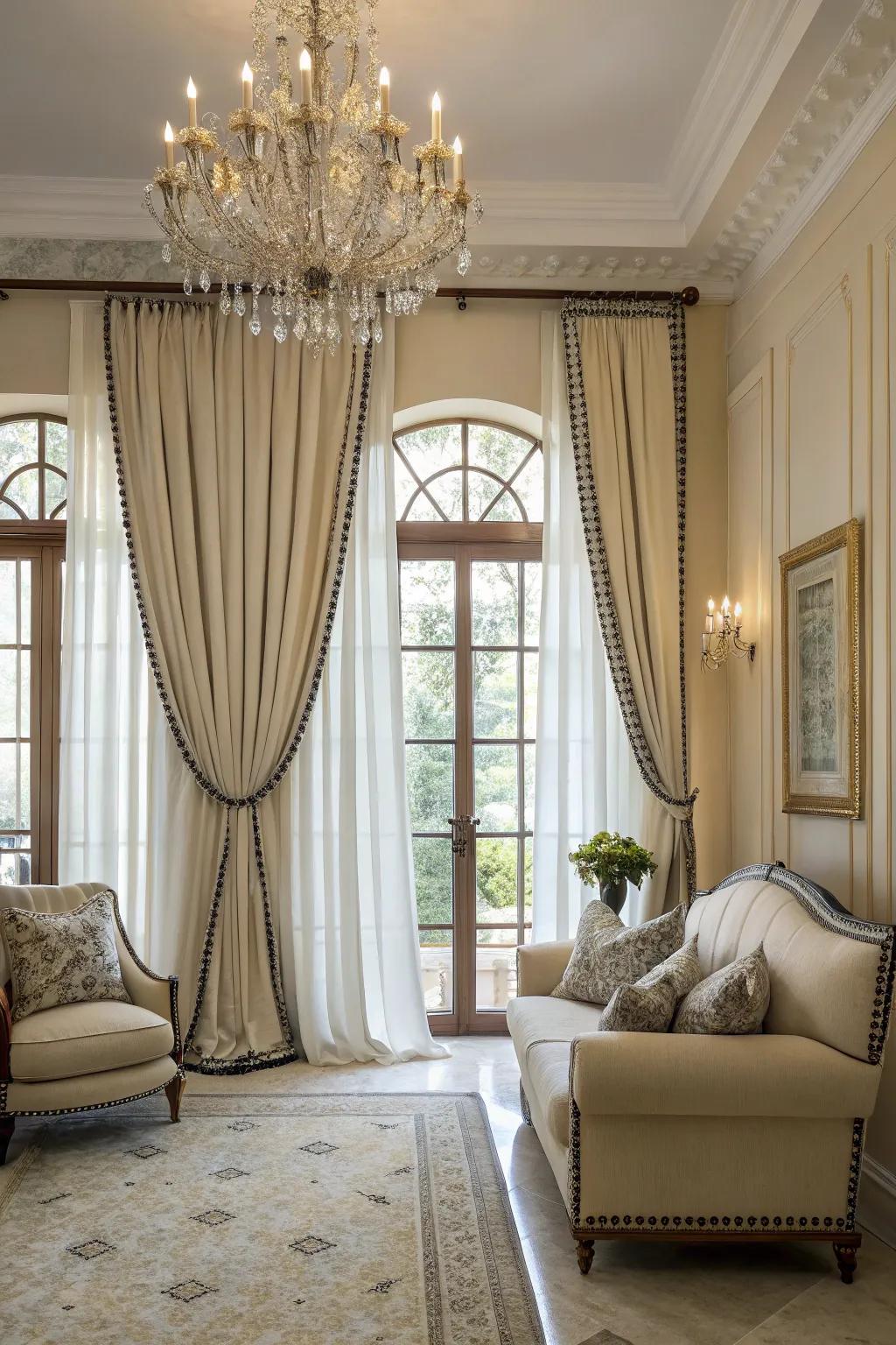 Contrast piping infuses a sophisticated edge to curtain designs.