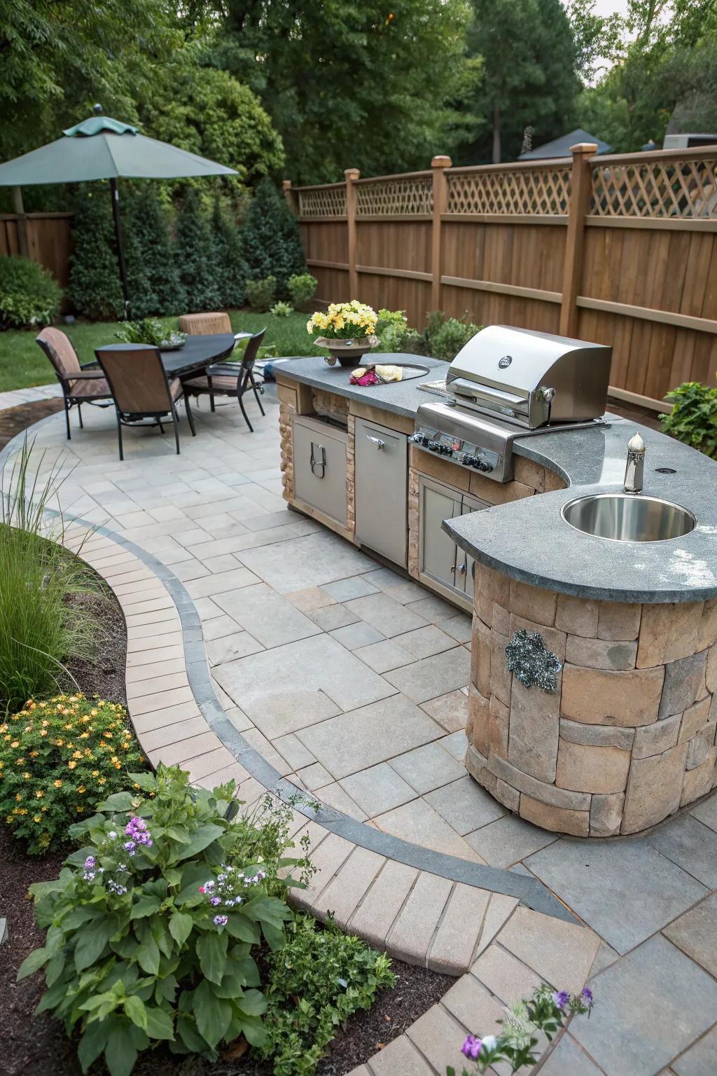 A unique open-air cooking area nestled within an arched patio blueprint.