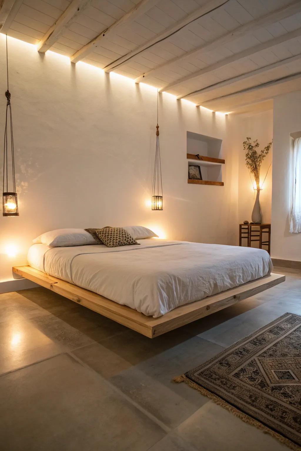 Levitating bed base creating an airy and modern sleeping area