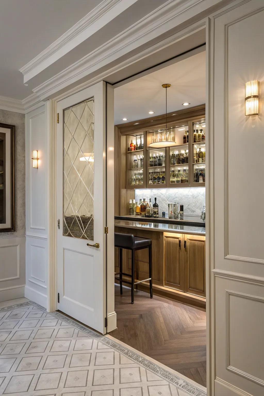 A concealed bar behind sliding doors provides a sleek, minimal look.