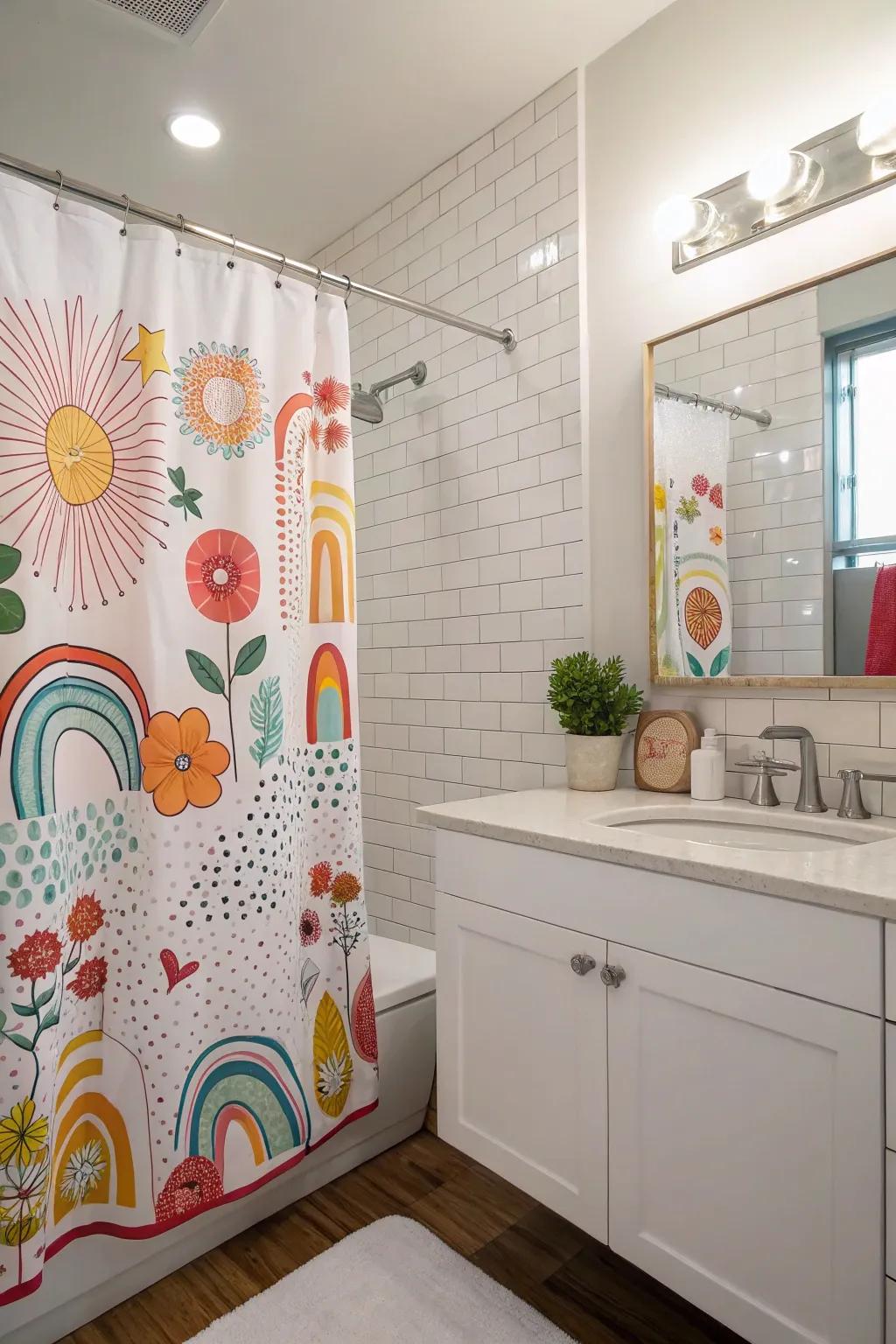 A quirky shower drape can brighten your restroom with fun and color.