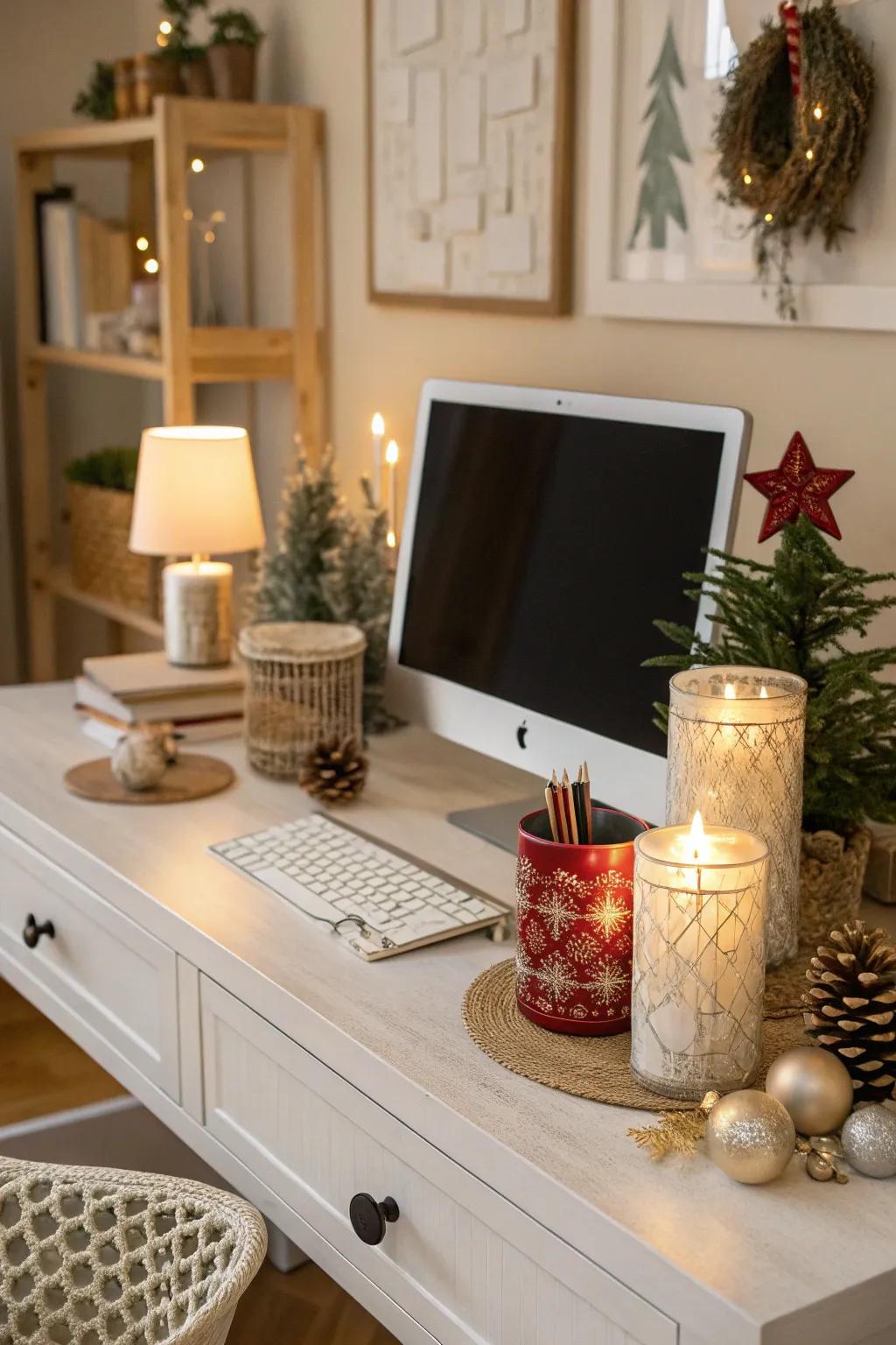 A desk featuring themed decor items for a festive touch.