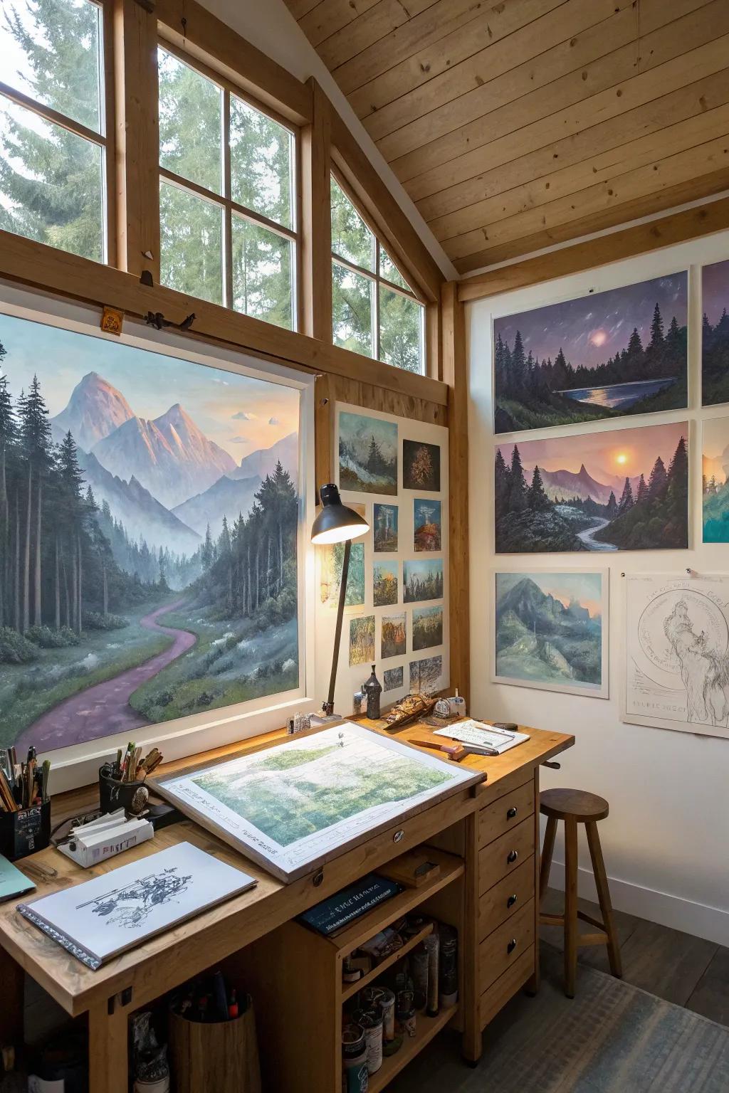 Dreamscape scenes spark imagination in an artist's studio.