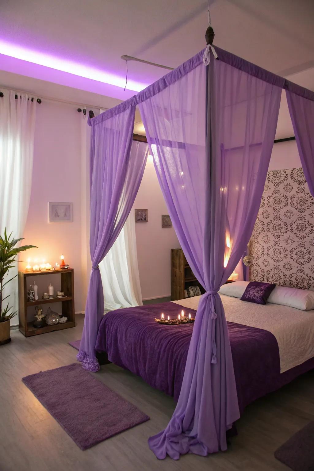A four-poster bed with violet hangings creating a dreamy escape.