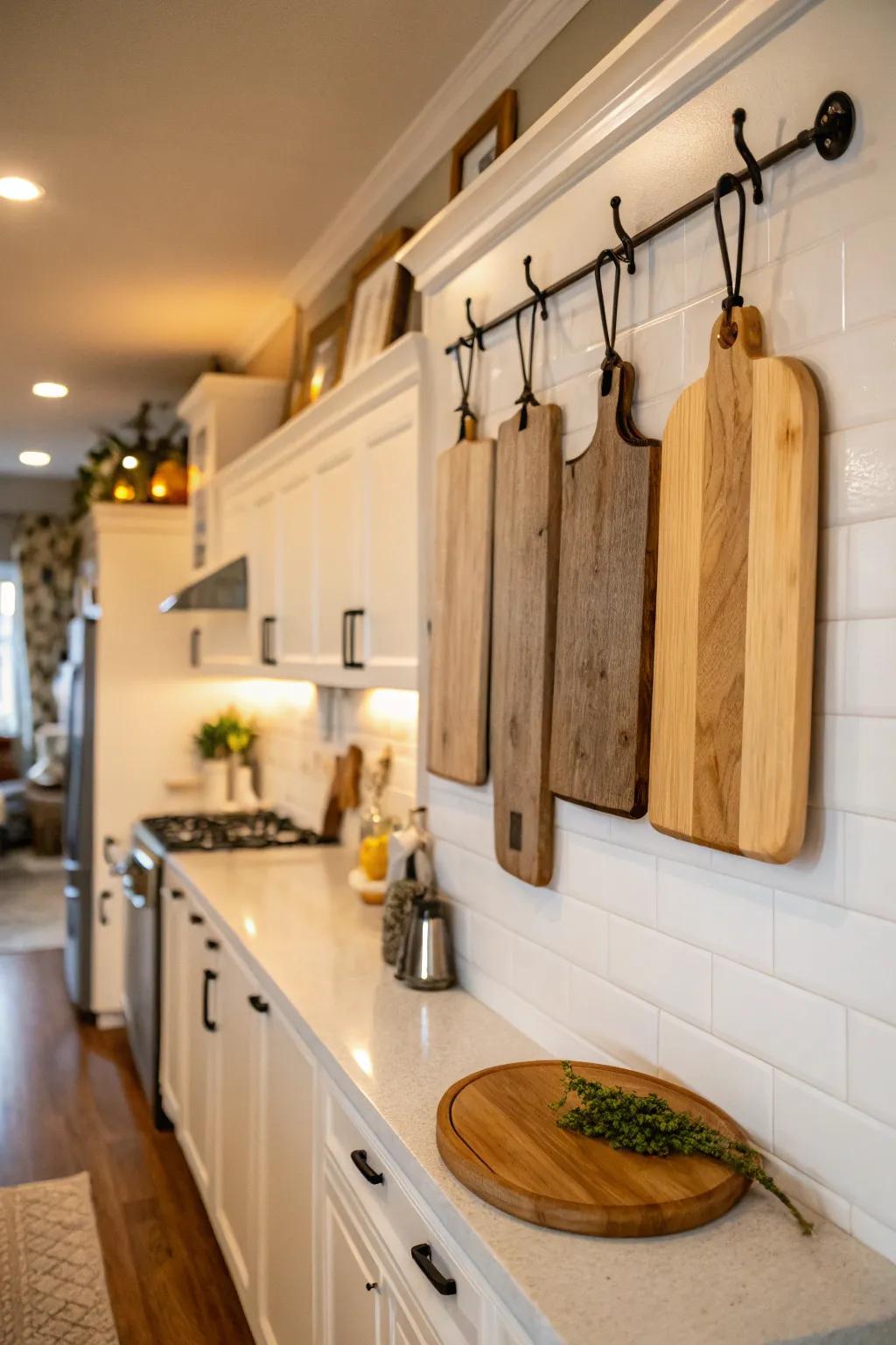 Hanging display for chopping surfaces adding warmth to the cooking area.