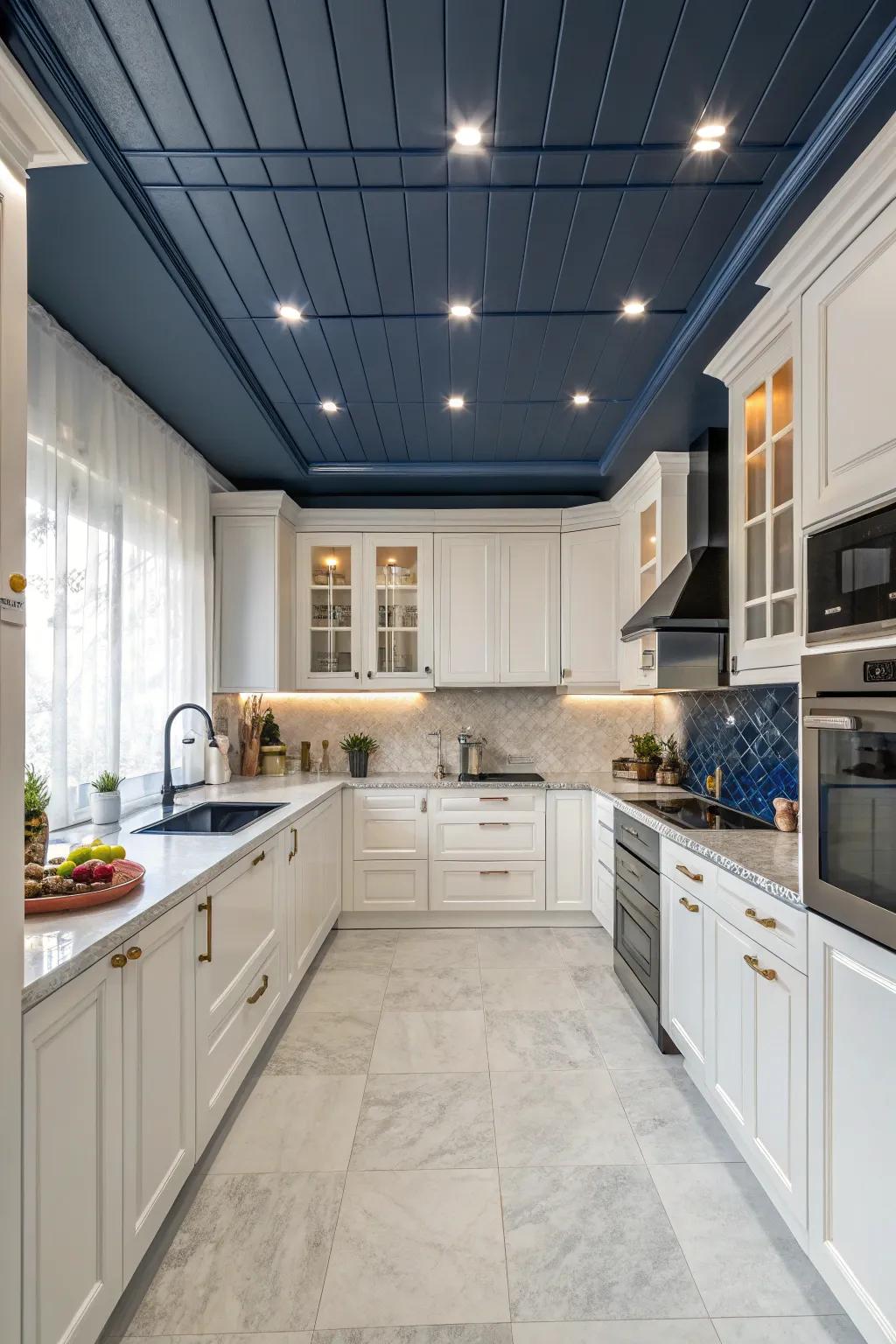 A cooking space featuring striking contrast from a navy overhead.