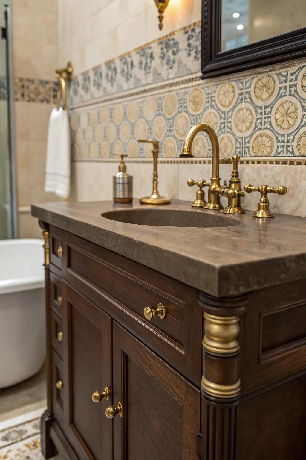 Antique finishes enrich a deep cocoa dressing table with old-world charm.