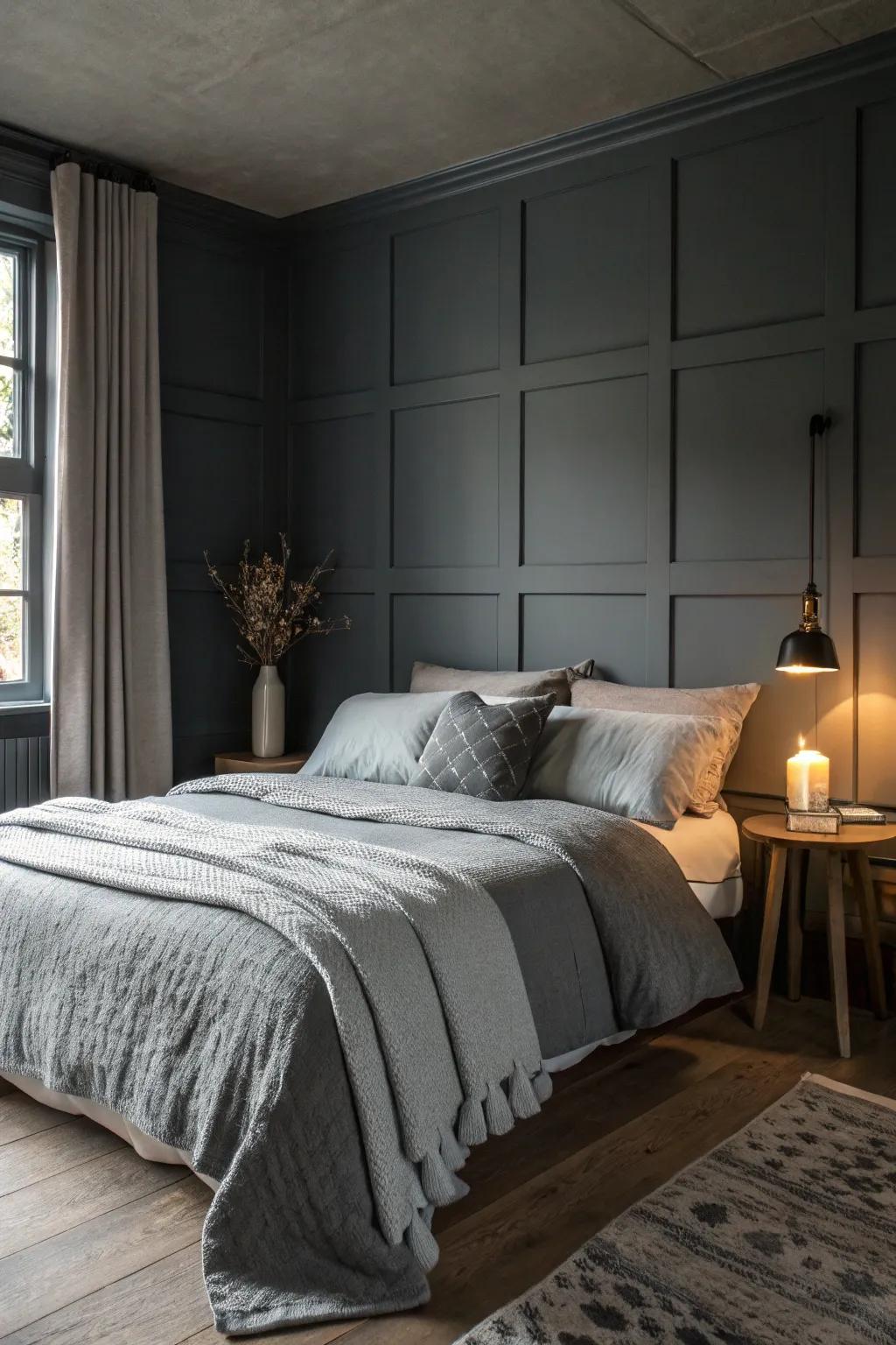 Layered charcoal bedding adding depth to a bedroom.