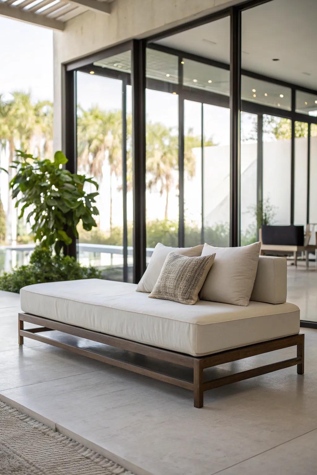 A minimalist approach to ornamentation imparts a sense of purity and modernity to this daybed.