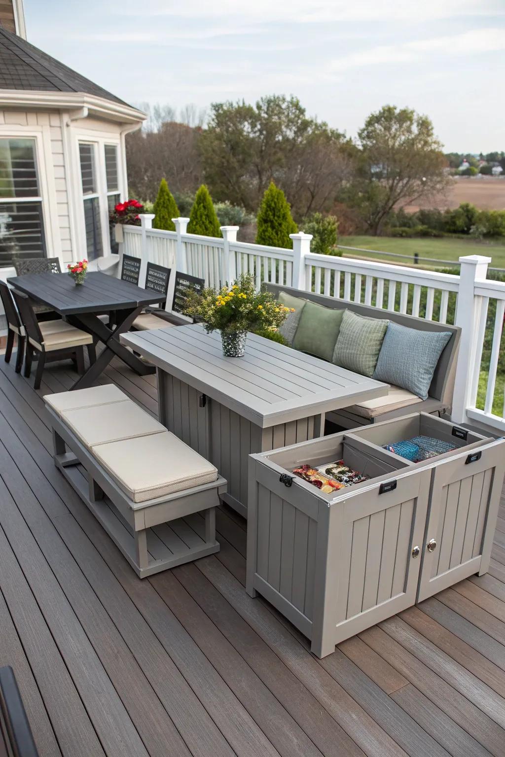 Multifunctional furniture optimizes space and usefulness on your deck.