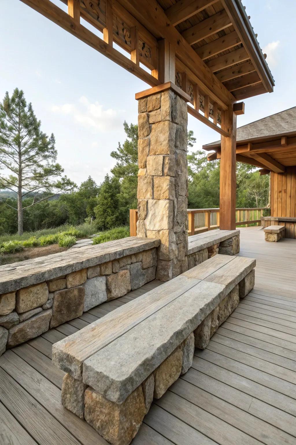 Rock benches introduce a rustic and resilient element to your deck.