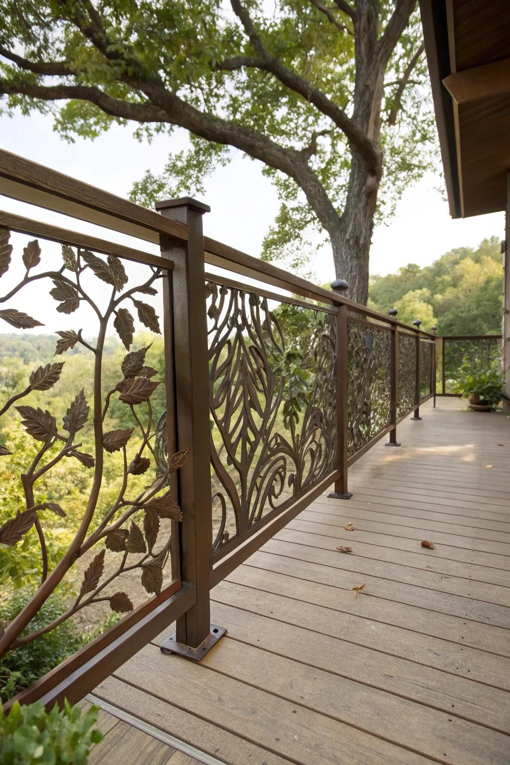 A harmonious deck with inspired by nature balustrade patterns, blending with the natural surroundings.
