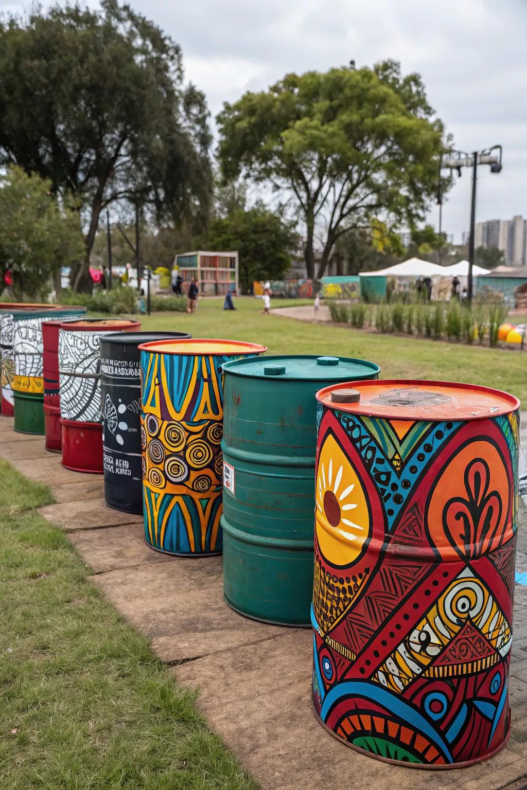 Barrels painted with abstract art