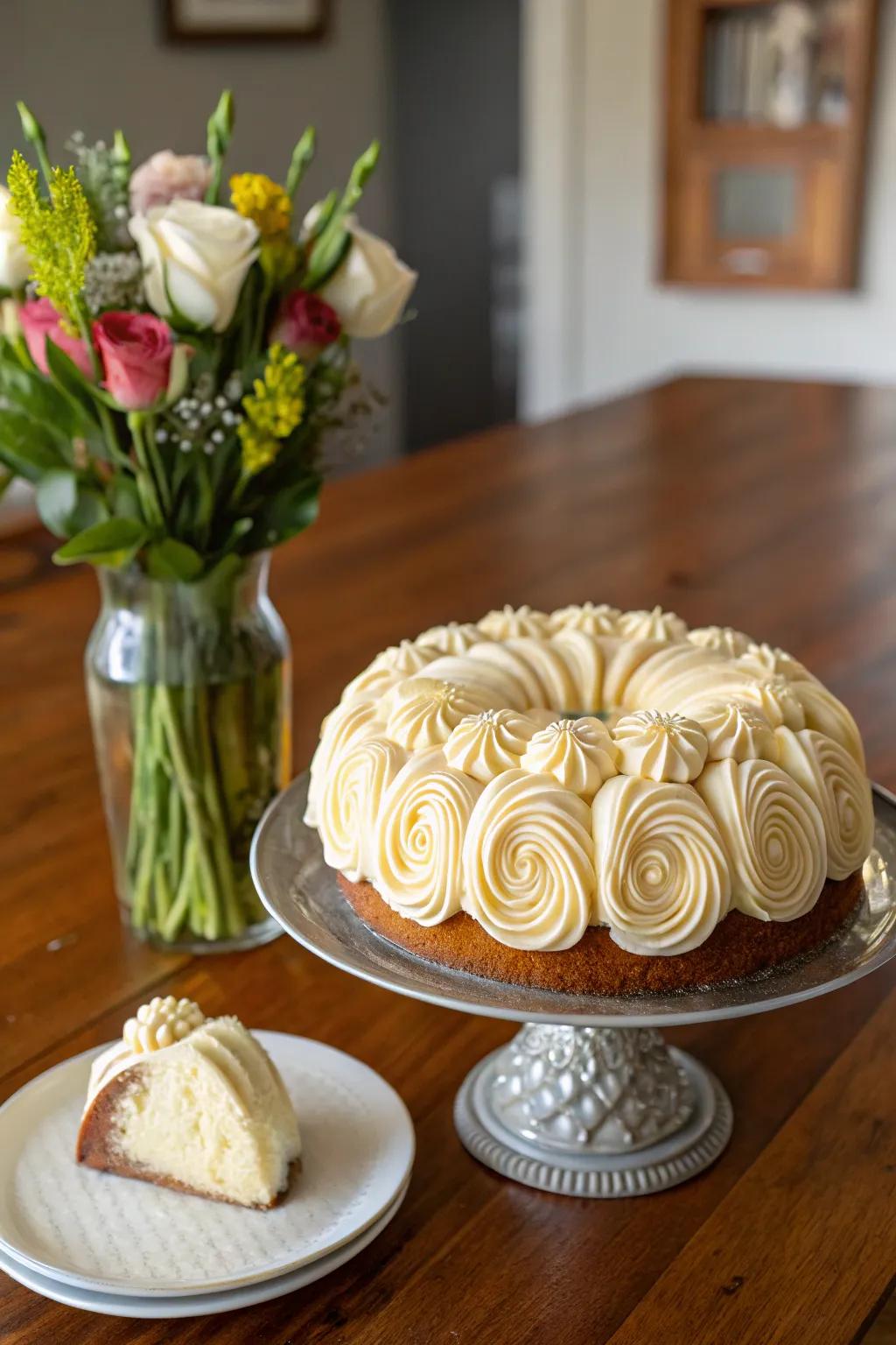 A ring cake featuring delightful buttercream frosting whirls.