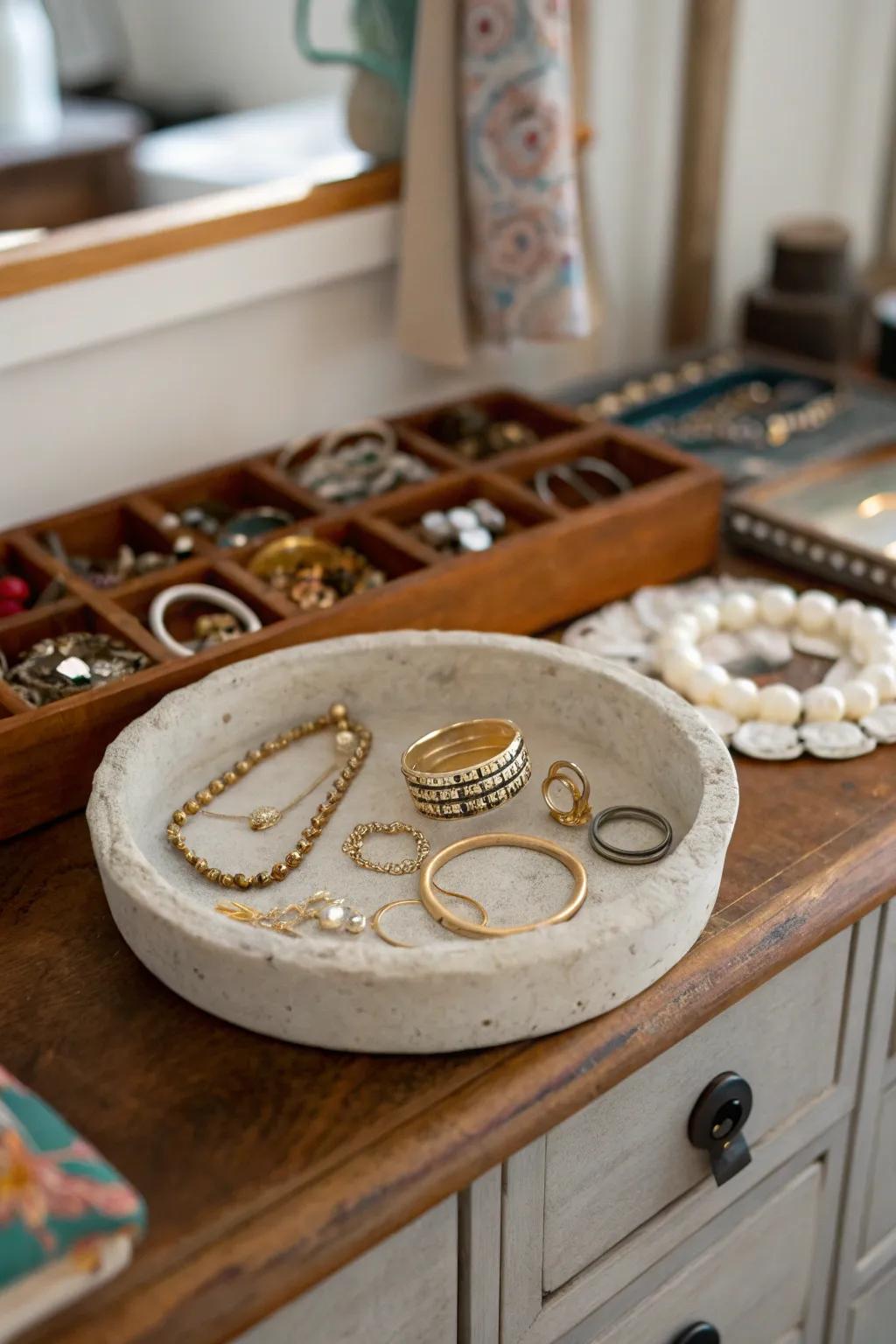 Maintain your trinkets organized through a stylish stone bowl.