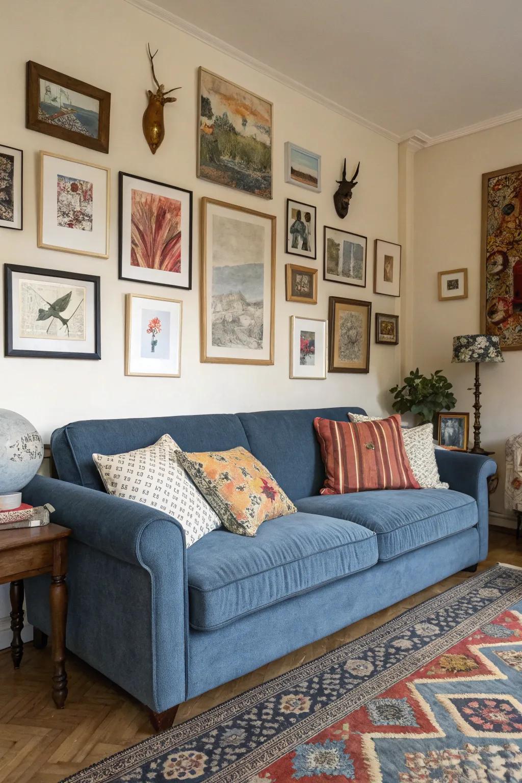 Varied artwork pieces infuse individuality to a horizon hue couch setting.