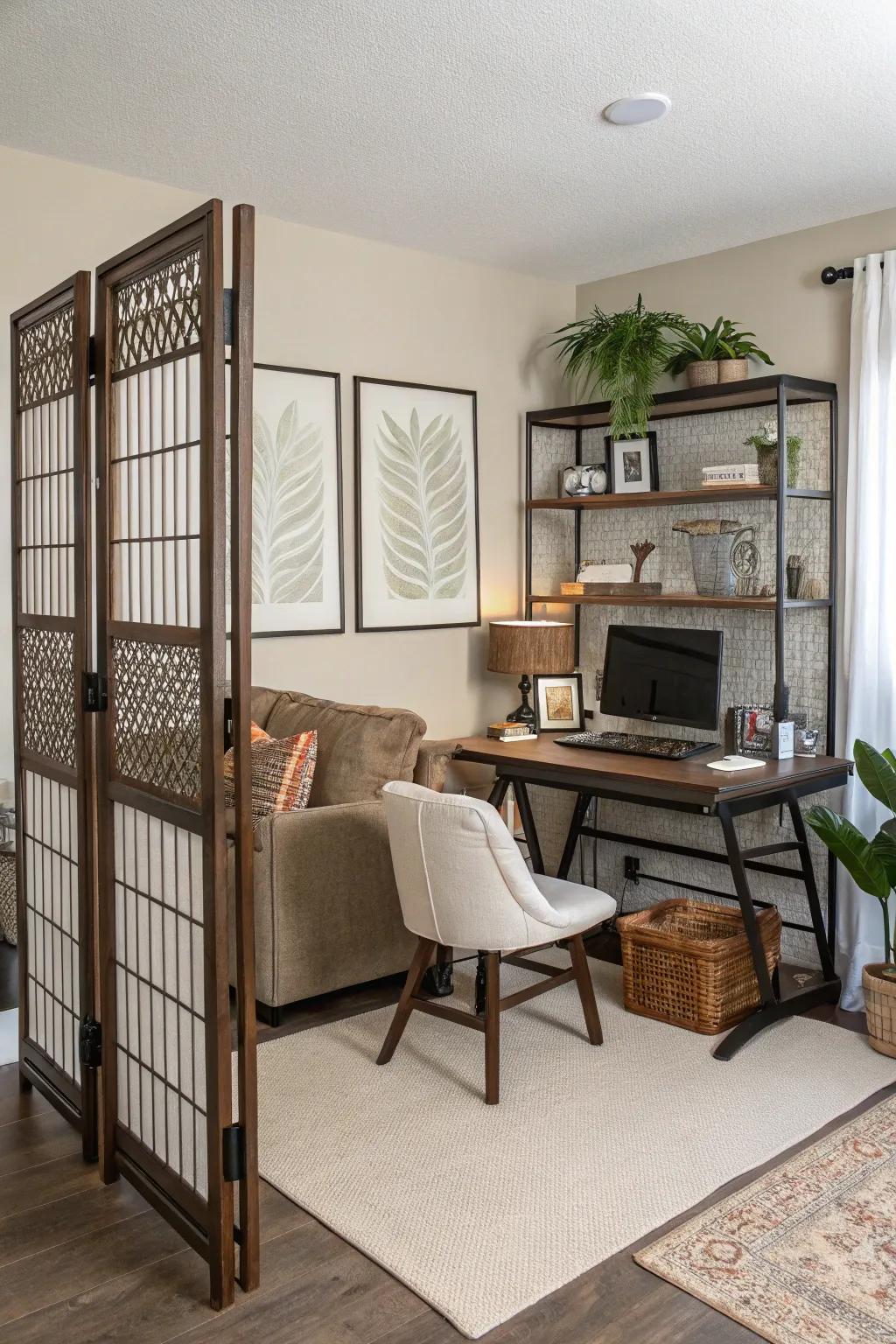 Room dividers help mark out workspaces in open living areas.