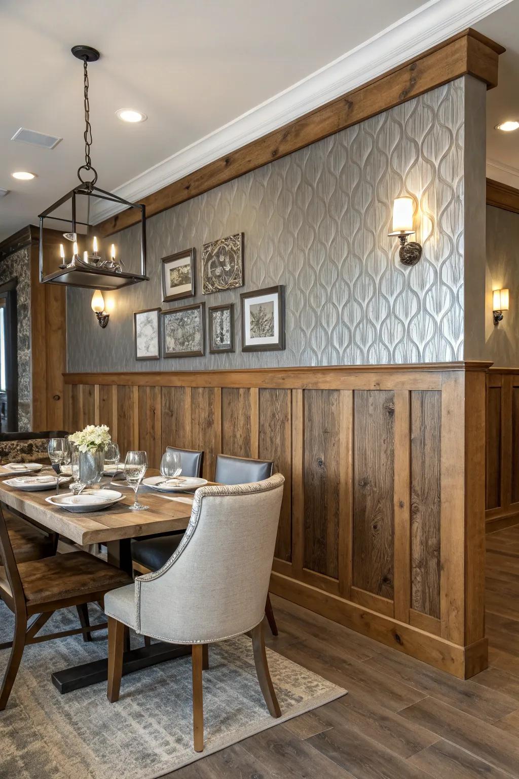 Mixed-resource wainscoting introduces an unexpected turn to this dining space.