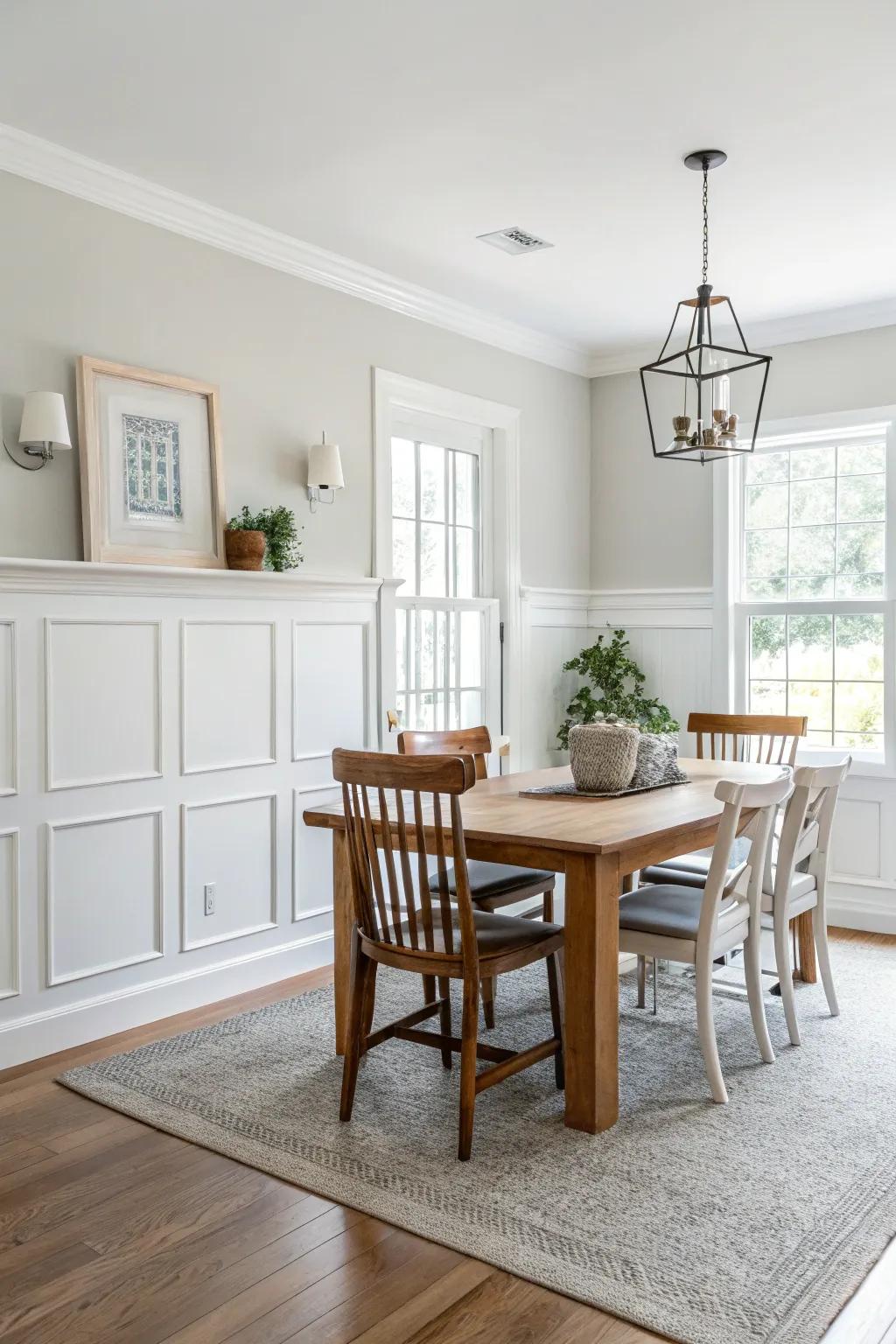 Pristine white coating cultivates an airy and expansive dining space.
