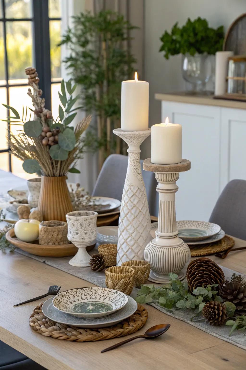 A dining table featuring decor items of varying heights.
