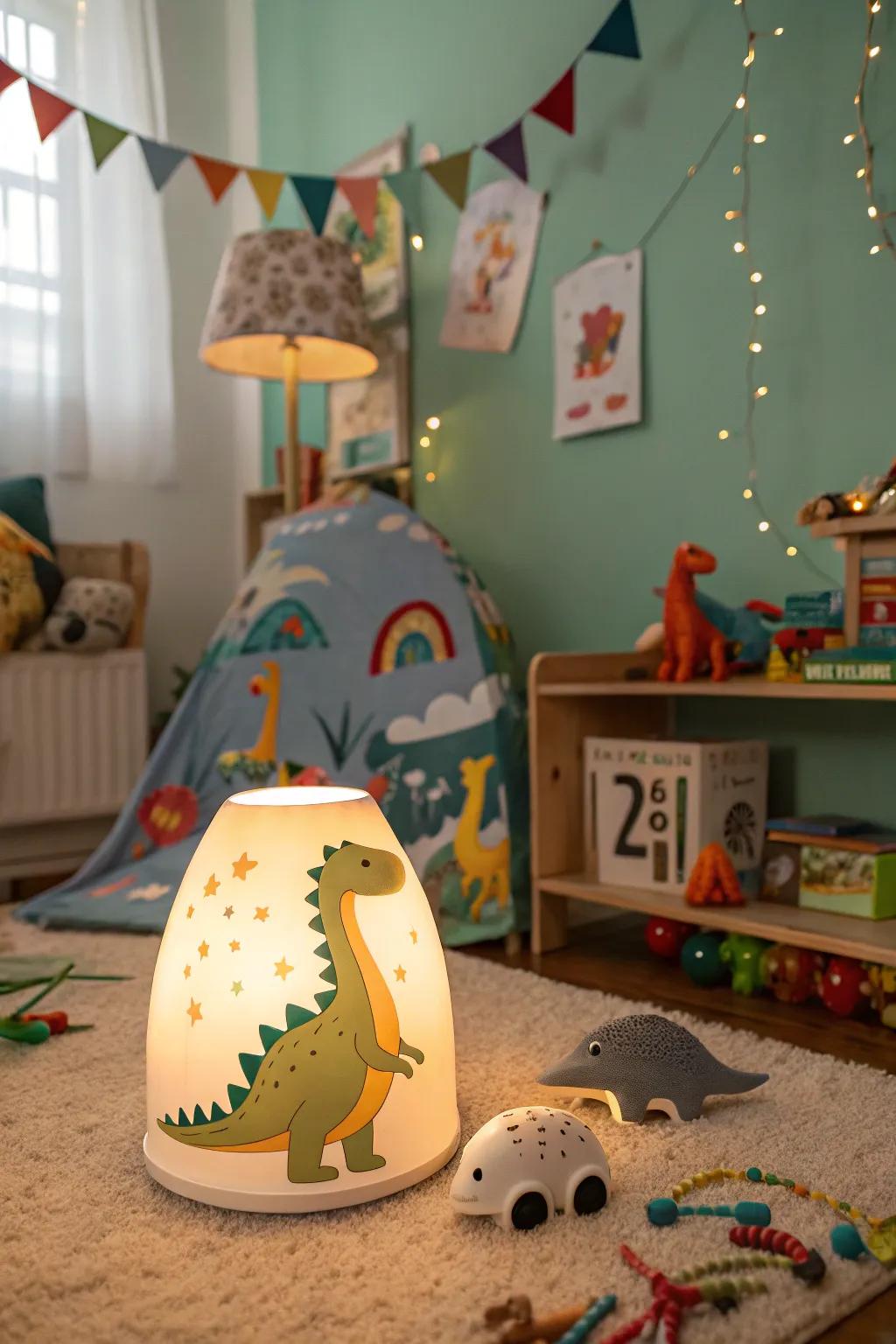 A dinosaur-themed lamp emitting a subtle glow and playful atmosphere.