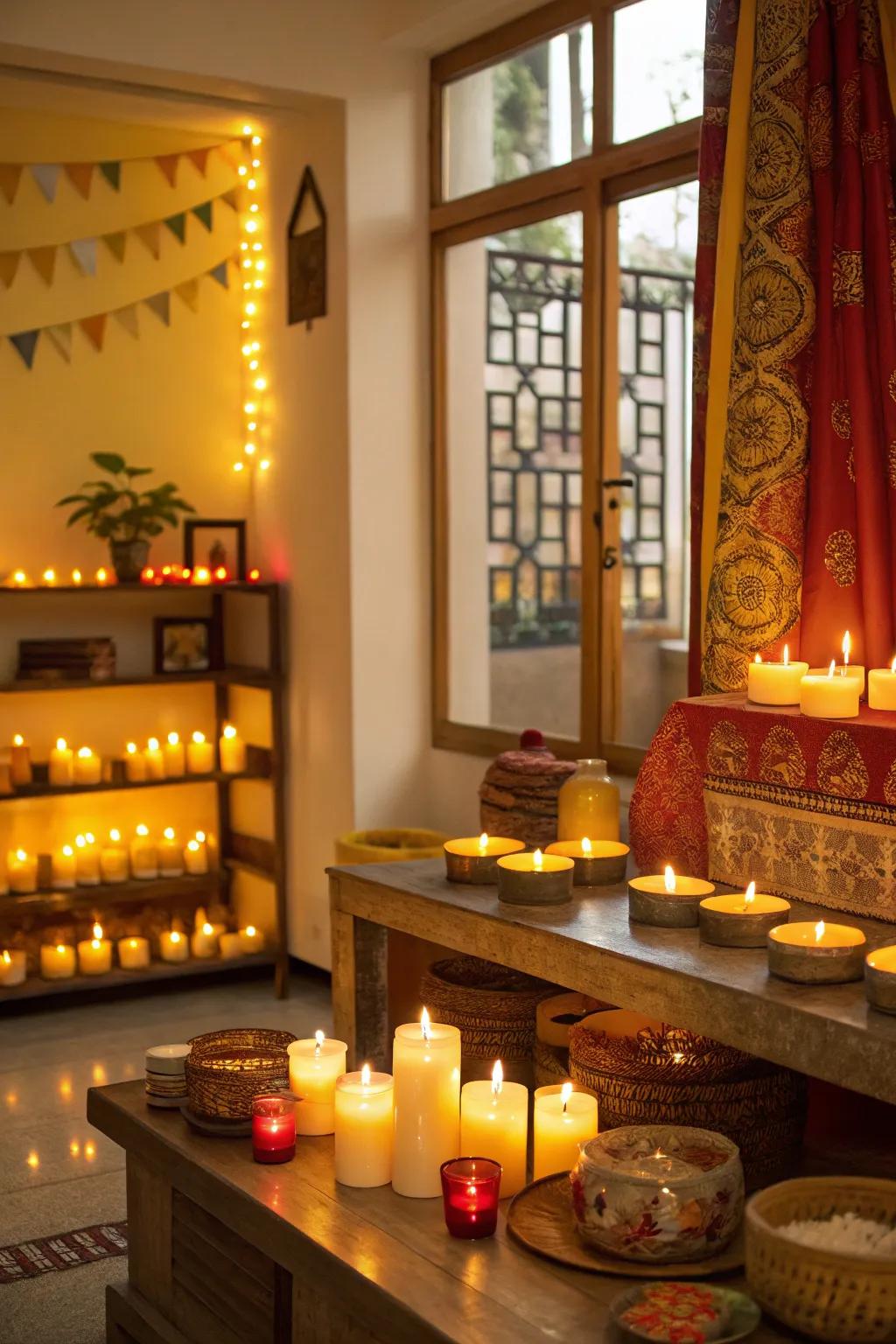 Scented wax lights contribute fragrance and warmth.