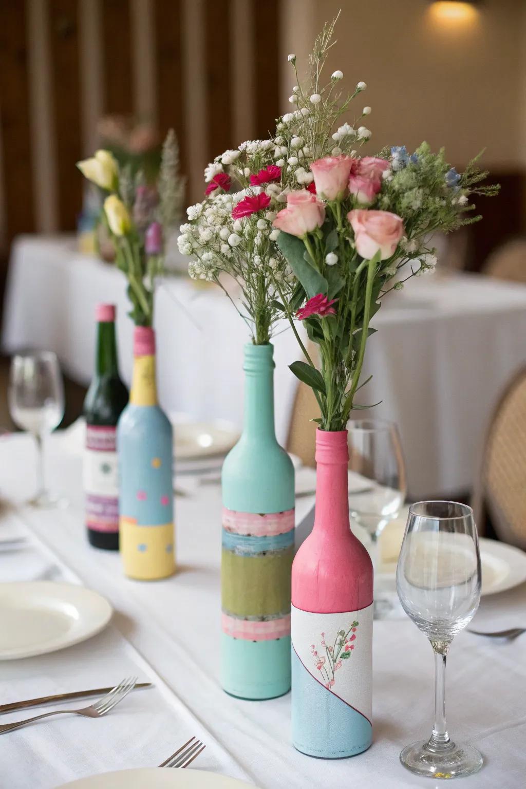 Creative and eco-friendly wine carafe centerpieces.