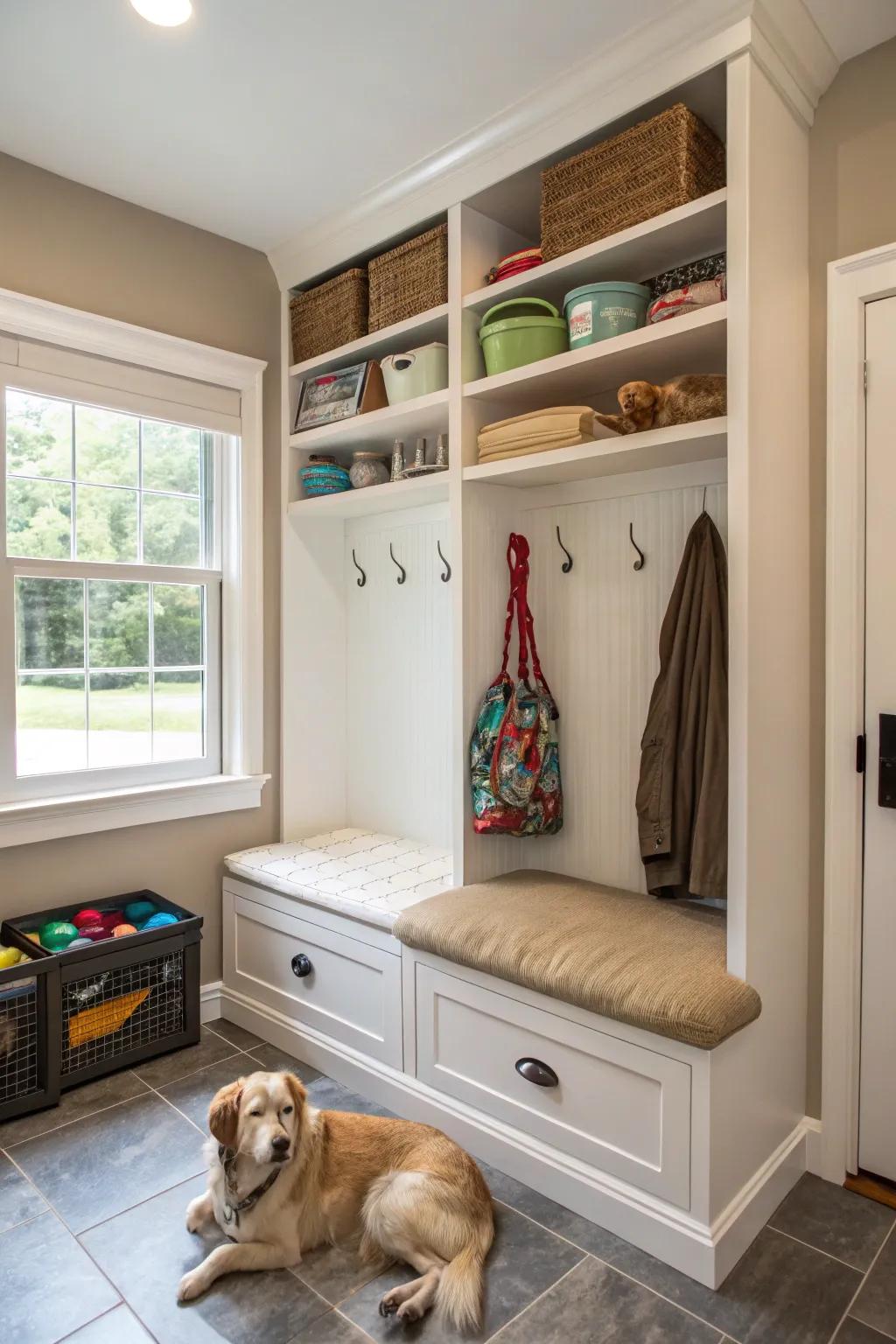 A mudroom with a dedicated dog nook and arranged pet accessory storage.