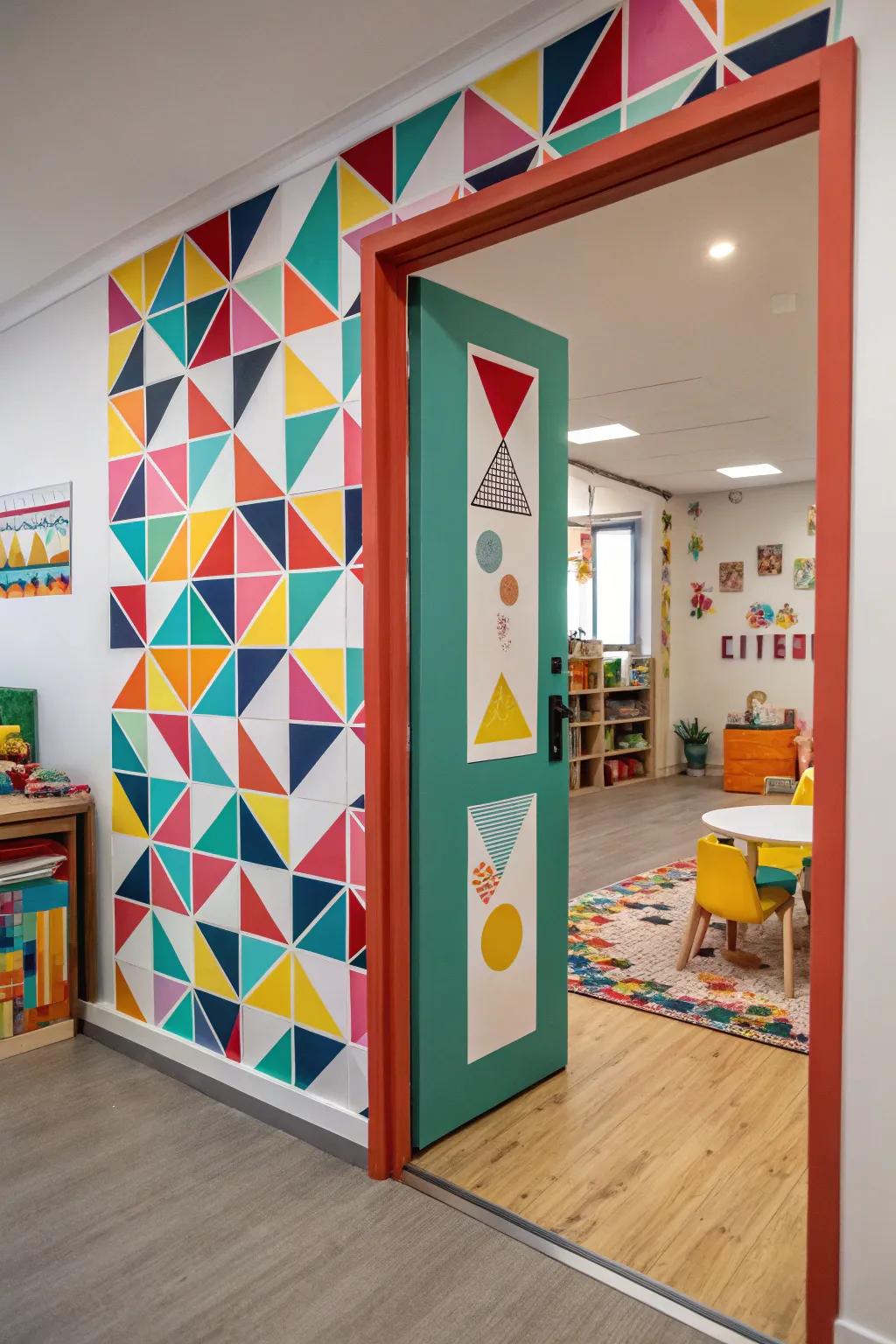 This creative space is given a whimsical touch by geometric patterns on the door trim.