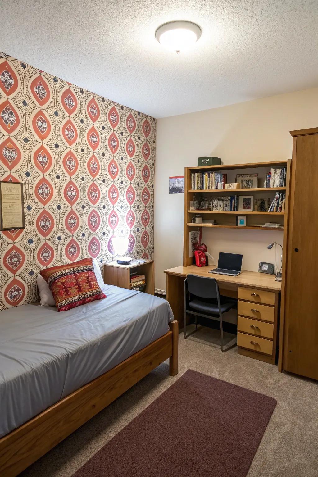 A dorm space featuring temporary wallpaper that offers a simple way to change the style.
