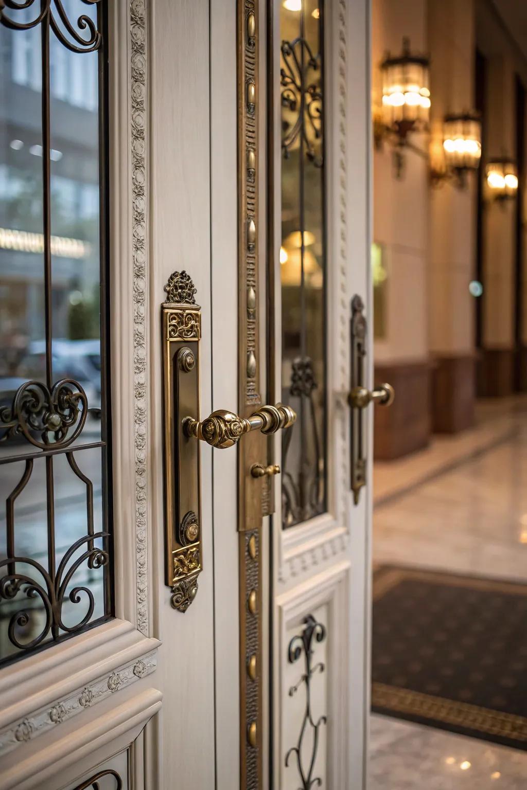 Refined metallic hardware that enhances the door’s design.