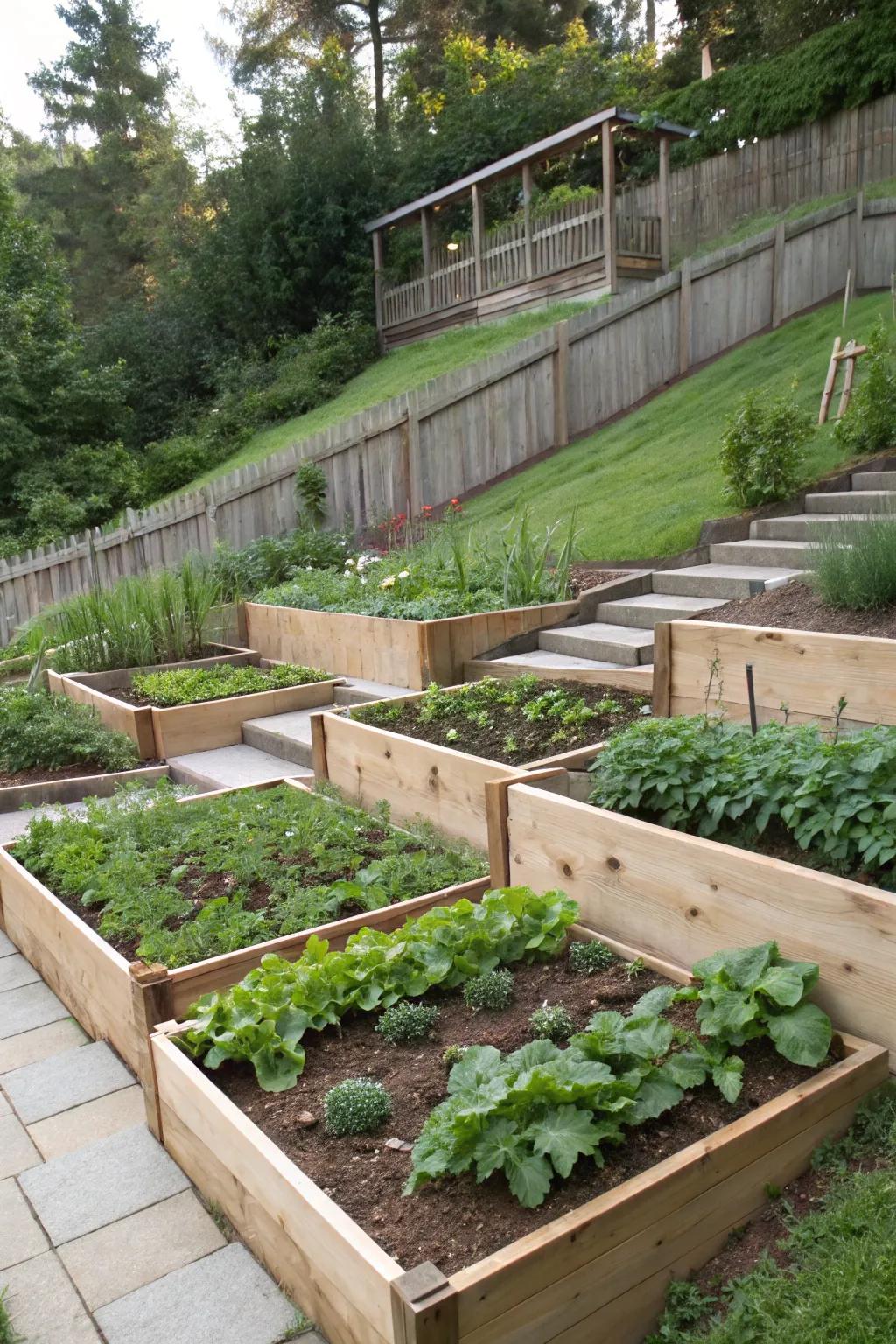 A vegetable bed on a slope offers fresh produce and efficient use of space.