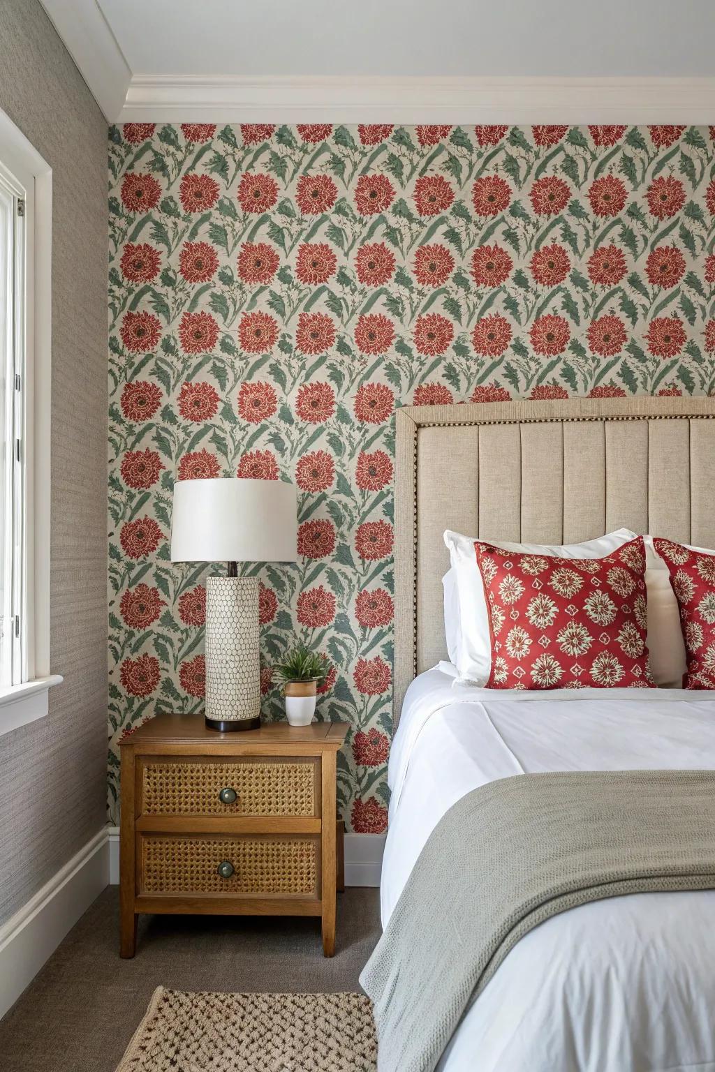 A bedroom wall decorated with bold removable wall covering.