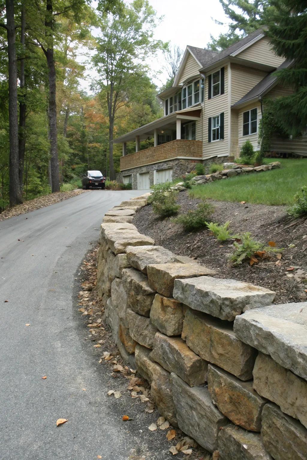 A stone retaining wall infuses rustic character into the berm.