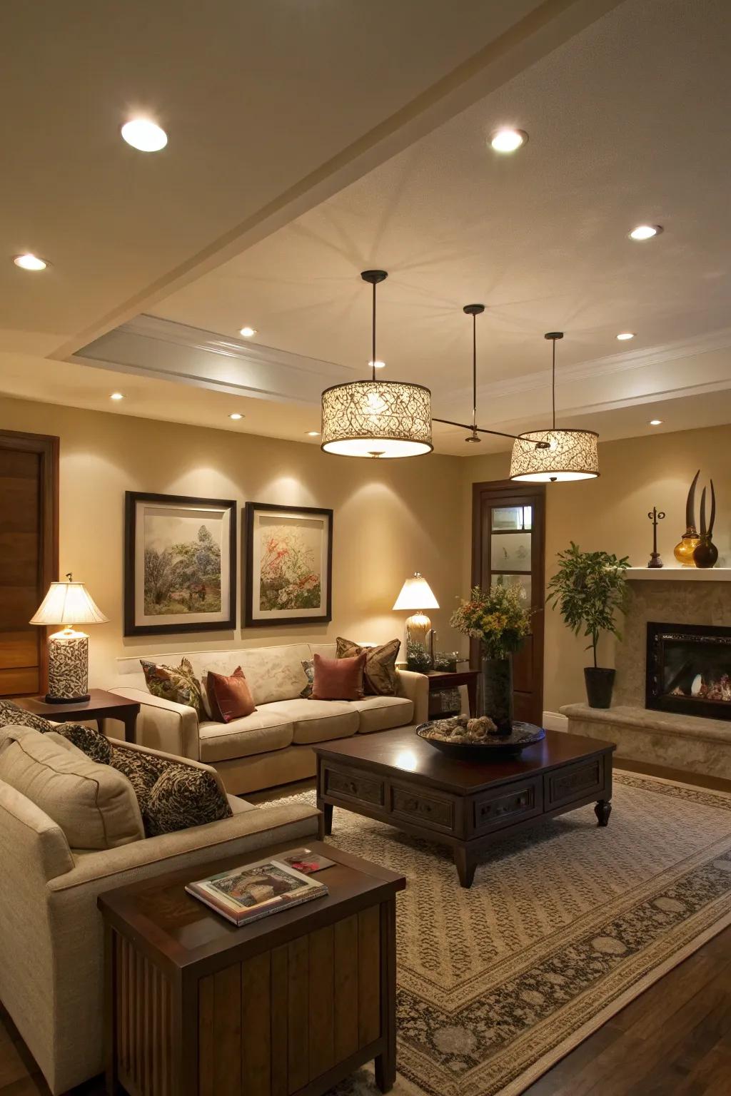 Layered lighting injects depth to this family room.