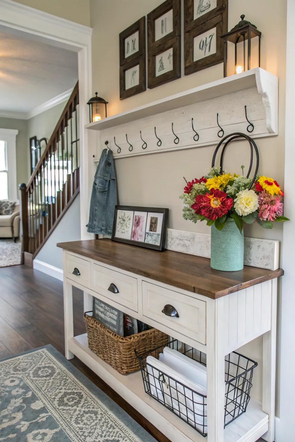 A cabinet sink becomes a useful hall table.