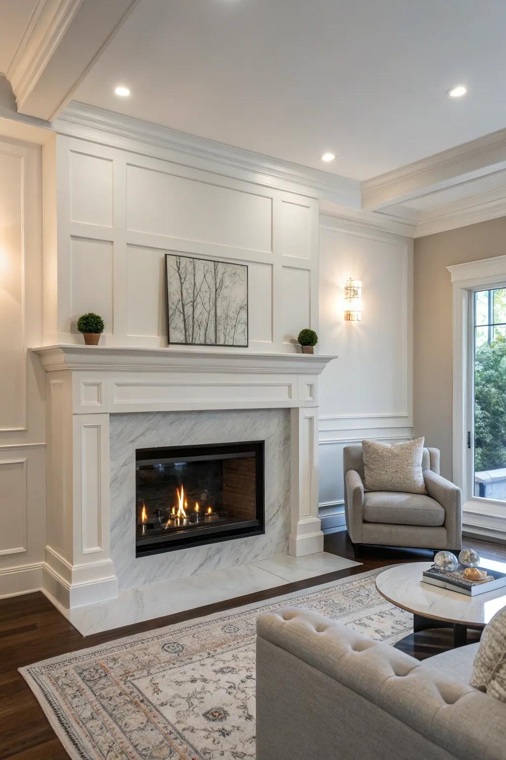 A modern mantel elevates the drywall fireplace's contemporary enticement.