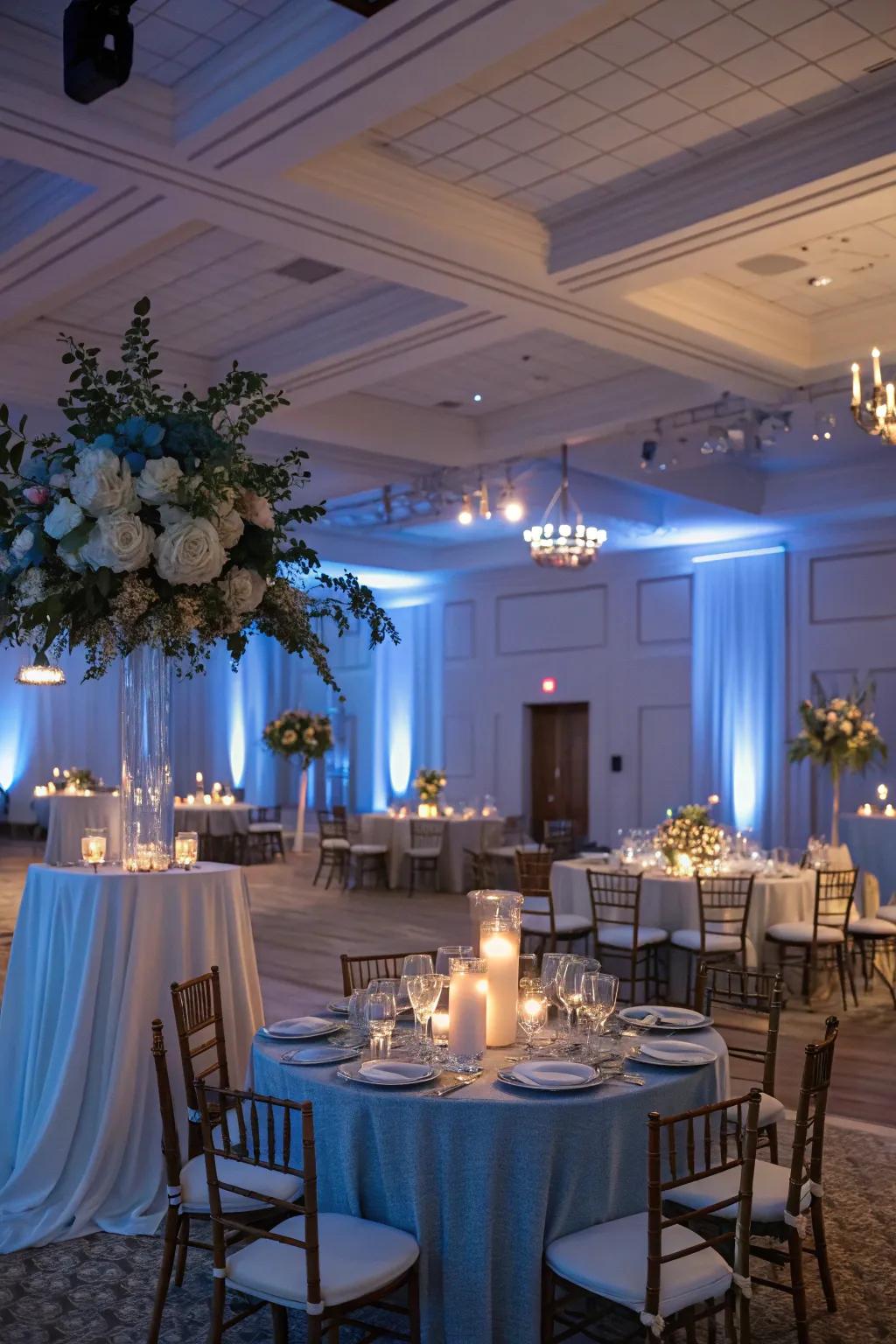 A gathering space transformed by the delicate radiance of soft teal illumination, establishing a romantic mood.