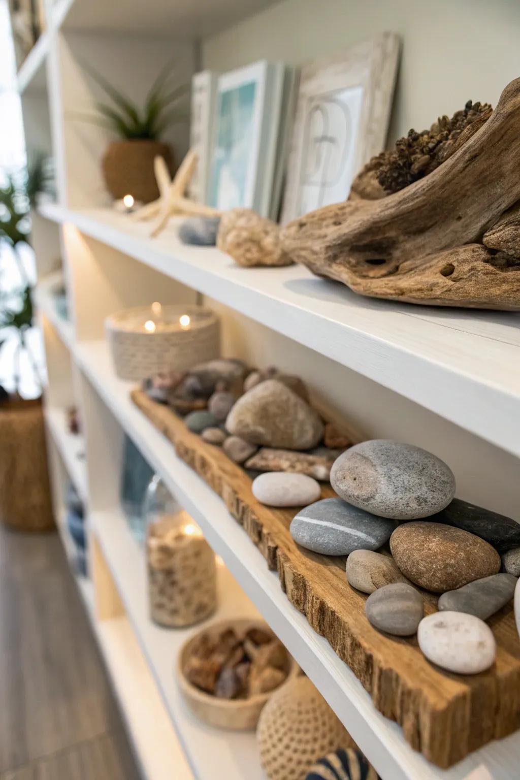 Shelf exhibiting innate treasures such as pebbles and driftwood.