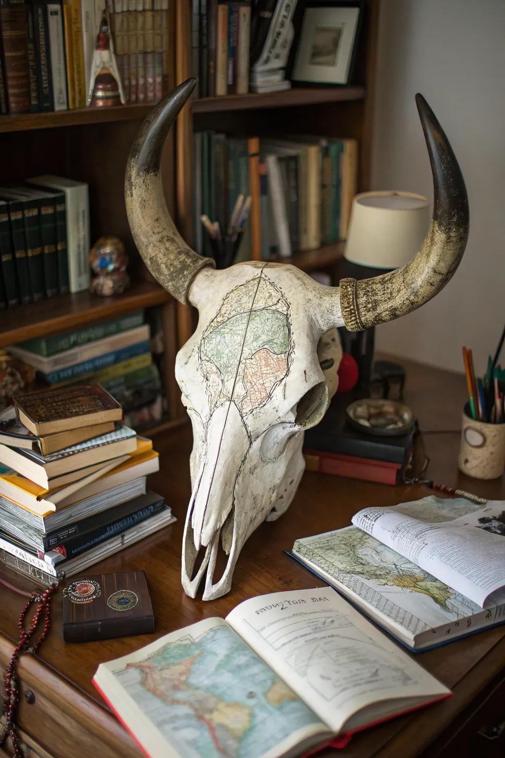 Timeless charts impart an adventurous nuance to bovine skull artwork.